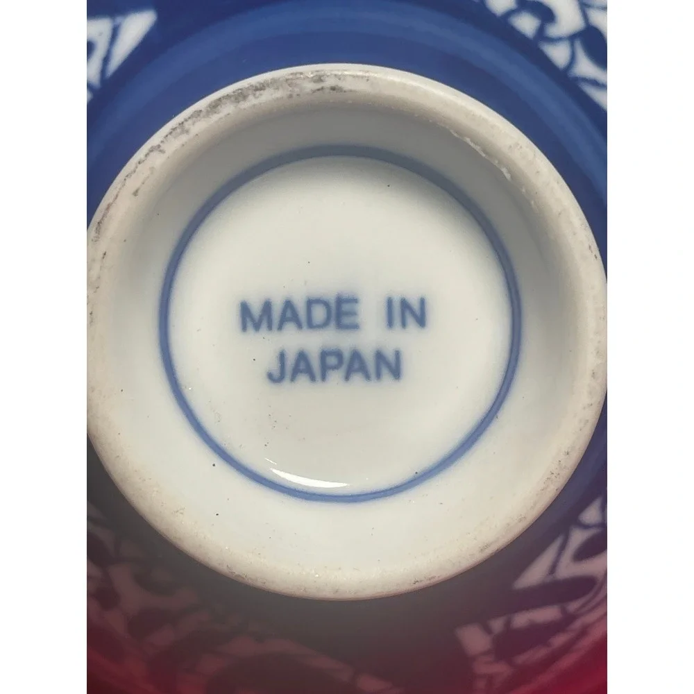 Vintage Cobalt Blue Japanese Sake Cups Rice Bowls Fish Symbols Set of 4 Japan